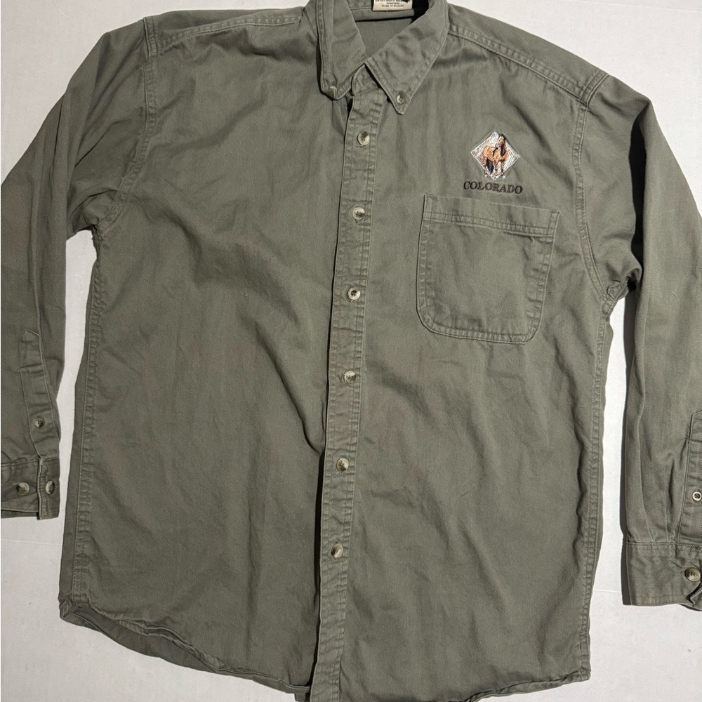 Habitat, Olive‎ Green Button Up Shirt w/ Horse 'Colorado', Unisex Small